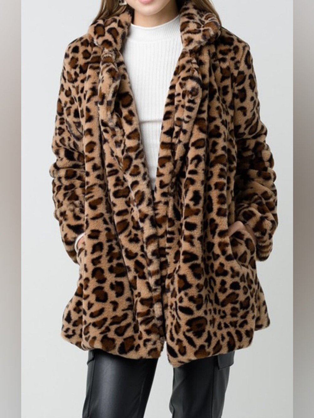 Love Tree Leopard Plush Faux-Fur Open Jacket